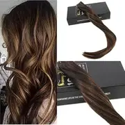 Ve Sunny 14inch 20pcs 50g Two Tone Color#2 Fading to Dark Brown Mixed Honey Blonde Colorful Highlight Balayage Seamless Tape in Human Hair Extensions