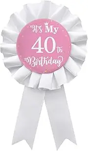 [WIDEIDEAL] It's My 40th Birthday Badge Button Pin, Happy 40th Birthday Girls White Corsage Award Ribbon Party Decorations Supplies - Pink Pattern, Plastic, no gemstone