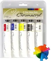 CHROMACRYL Acrylic Paint 5x75ml Tubes Starter Set Cool Primary Colours White ++