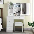 Modern Makeup Vanity Table Set with LED Mirror 6 Drawers Stool Dressing Table