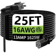 Indoor Outdoor Black Extension Cord 25 ft Waterproof 16/3 Gauge Flexible
