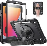 JSUSOU iPad 9th/8th/7th Generation Case 2021 2020 2019 with Pencil Holder Screen Protector | iPad 10.2 Case for Kids | Full Body Heavy Duty Shockproof Rugged Protective Cover w/Stand Strap | Black