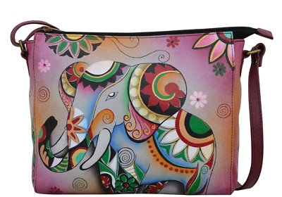 Anuschka Retro Elephant Handpainted Leather Hobo Cross Body Bag NEW