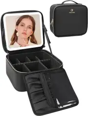 Travel Makeup Bag with Light Up Mirror and Brush Organizer - Rechargeable Vanity Mirror with 3 Color Lights (Black)