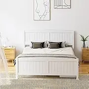 OIKITURE Queen Size Wooden Bed Frame, Pinewood Bed Frame Platform with Bed Head and High Bed Leg, Extra 2 Storage Drawers with Wheels - Compatible with Australian-Sized Mattresses, 211X161X94cm