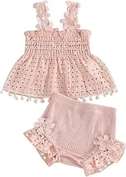 [LYSINK] Toddler Baby Girls Summer 2pcs Outfit Sleeveless Pleated Cutout Floral Tank Tops Stretch Ruffle Bloomers Shorts Sets