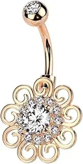 [Pierced Owl] 14GA 316L Stainless Steel CZ Crystal Filigree Flower Belly Button Ring