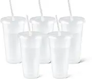 letech+ Plastic Cups with Lids and Straws, 5 Pack 24oz Reusable Cups With Lids and Straws Bulk for Adults Kid Women Party, Portable Spill Proof Cups for Iced Coffee (White)