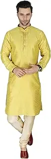 [Exotic India] brocaded Kurta pajama set with floral motif All over, yellow