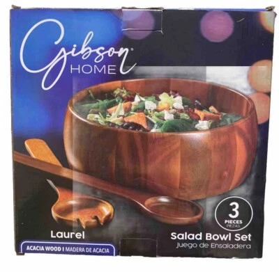 Gibson Home Laurel Acacia Wood Salad Bowl Set 3 Piece Serving Set NEW