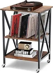 Giantex 3-Tier End Table, Rolling Turntable Stand, Rustic Vinyl Record Storage Holder w/ 3 Dividers for Albums, Record Player Stand Display Shelf w/Steel Frame & Lockable Wheels