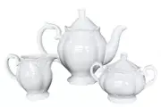 3-Piece Tea Set White Porcelain Embossed Leaf Rim, Teapot, Sugar Bowl & Creamer