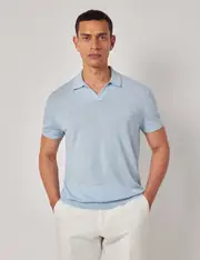 Hawes & Curtis Light Blue Open Collar Linen Polo Shirt | Short Sleeve Size: XL