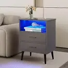 LED Nightstand with Charging Station, Modern Bedside Table with Human Grey