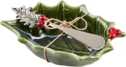 Mud Pie Holly Tidbit Set, bowl 2 1/2" x 5 3/4" | spreader 5 1/2", GREEN