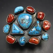 Huge FEDERICO JIMENEZ Sterling CORAL & TURQUOISE Cluster RING size 7 Adjustable