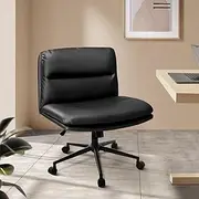 [OIKITURE] PU Leather Computer Desk Chair with Wider Backrest and Padded Seat Criss Cross Chair Black