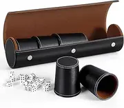 Leather Dice Cup Set, 5 Black Leather Dice Cups + 25 Dice + Exclusive Storage and Transport Case Made of Faux Leather with Magnetic Closure..