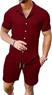 [Maiyifu-GJ] Men's Cotton Linen Set Outfits 2 Piece Short Sleeve Shirts and Shorts Sets Summer Casual Beach Linen Suit, Wine Red, Small