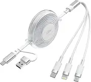 3-in-1 Retractable Multi Charging Cable, 100W Fast Charging USB-C/A to Lightning/USB-C/Micro USB Phone Charger Cord for iPhone 16/15, Samsung, MacBook, iPad （White）