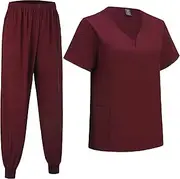 [ThreeH] Women's Medical Scrub Set V-Neck Short Sleeve Shirt with 3 Pockets and Cargo Pants for Beauty Salon Dental