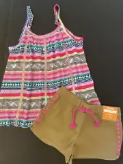 NWT Girls 4 “JUNGLE BRIGHTS” Cotton Khaki SHORTS & AZTEC SWING TOP 2pc Outfit