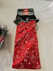 Red Decorative Wine Bottle Bag With Silver Bells Snowmen Sparkle Snowflake NOS