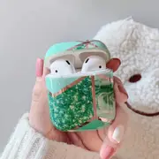 Airpod Case For Apple Airpods Gen 1 & 2 - Cute Geometric Art Marble Design Protective Silicone Cover With Keychain Slot- Supports Wireless Qi Charging For Airpods Generation 1 2 - Cool Green Marble