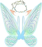 U-Goforst Fairy Wings for Women, Girls Fairy Wings Costume, Sparkle Angel Wings Cosplay Butterfly Fairy Princess Wings Party Favor supplies, Halloween Fairy Dress Up Costumes Set | Fairy Wings, Floral Crown, Elf Ears | (Blue)