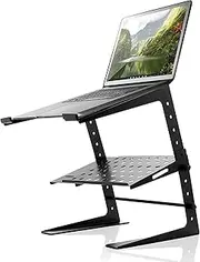 Pyle Portable Adjustable Laptop Stand - 6.3 to 10.9 Inch Standing Table Monitor or Computer Desk Workstation Riser with Shelf Storage and Height Alignment for DJ, PC, Gaming, Home or Office - PLPTS26