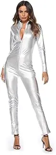 [KridDr] Women Catsuit Wetlook Sexy Faux Leather Bodysuit Shiny Clubwear Long Sleeve Bodycon Jumpsuit Silver
