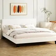 Oikiture Queen Bed Frame with Plywood Slats and Boucle Fabric Bed Base Mattress Platfrom White