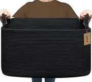 DelSol Large Laundry Basket Blanket Living Room Storage Basket for Toys Towels Woven Baskets for Storage Rope Basket Dirty Clothes Basket Rectangle 55x38x30cm Black