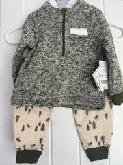 NEW NWT Quiltex Boys 12 Months Warm Very Nice Pant Set With Moose Evergreens