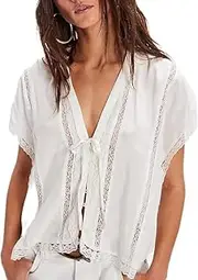 [FGAoTeng] Women Lace Trim Semi Sheer Top - Summer Short Sleeve Low Cut V Neck Tie Front Blouse, Stylish Y2K Button Down Solid Color Casual Shirt for Streetwear Beach Going Out