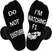 [ltteea] Funny F1 Socks for Men - DO NOT DISTURB I'M WATCHING F1 Non-Slip Socks for Formula 1 Fans for Men and Teenage Boys,Size 9-12 UK, Black, One size