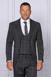 NWT 52R CHARCOAL PLAID MENS SUIT, TAILOR FIT, 2 SIDE VENT, FLAT FRONT PANTS,