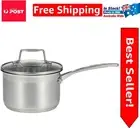 Durable 2.5L Stainless Steel Saucepan with Riveted Handles and Glass Lid - 18cm