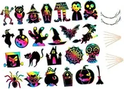 Halloween Theme Scratch Off Cards 60pcs Boys and Girls Scratch Paper with Stick Ribbon Safe for Family School Activities