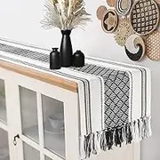 yuboo Black and White Striped Table Runner Farmhouse Style, Boho Short Woven Coffee Table Runner 48 Inches Long, Rustic Dresser Runners for Bedroom, Nightstand, Black Spring Summer Table Decor