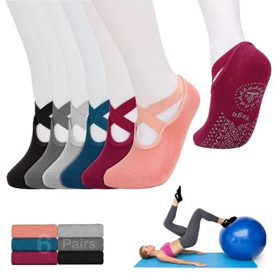 6 Pairs Pilates Socks for Women, Non-Slip Yoga Socks with Grips & Straps for ...
