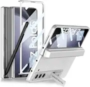 Leather Hinged All-Inclusive Phone Case for Samsung Galaxy Z Fold 5, Magnetic Flip Phone Shell with Bracket for Z Fold5, Pen Box Anti-Fall Cover (Silver, for Fold 5)