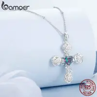 在飛比找蝦皮商城優惠-Bamoer 925 純銀項鍊玫瑰十字架首飾禮物女士