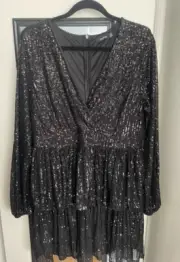 Boohoo Plus Sequin Plunge Tiered Skater Dress Size 14. New