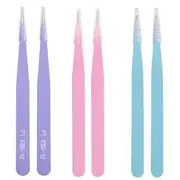 Stainless Steel Sticker Tweezers / Set (various designs) Set Of 6 - Straight Head - 2 Pcs Blue & 2 Pcs Pink & 2 Pcs Purple - One Size