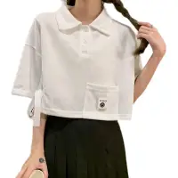 在飛比找蝦皮購物優惠-米呢35棉 夏季新款短袖設計感Polo領寬鬆 百搭T恤上衣女