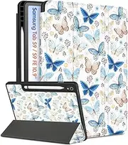 [Wazzasoft] for Samsung Galaxy Tab S9 FE 5G, for Samsung Galaxy Tab S9 Case Women Cute Girls, Girly Teens Kawaii Folio Cover with Pencil Holder, Aesthetic Butterfly for Galaxy Tablet S9/ S9 FE Case