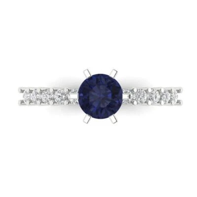 1.05Ct Round Cut Blue Sapphire Solid Gold Engagement Promise Statement Ring