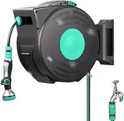 Hose Pipe Holder Garden Hose Reel Wall Mounted, 25M/82Ft 1/2inch Auto Retractable Hosepipe Wall-Mounted on Reel Portable 180° Swivel 8-in-1 Jet or Spray Hose Pipe Hanger