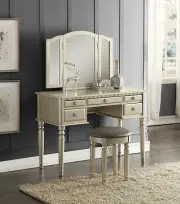 Bobkona Folding Mirror Vanity Set Makeup Table Dresser w/ Stool 5 Drawers Silver